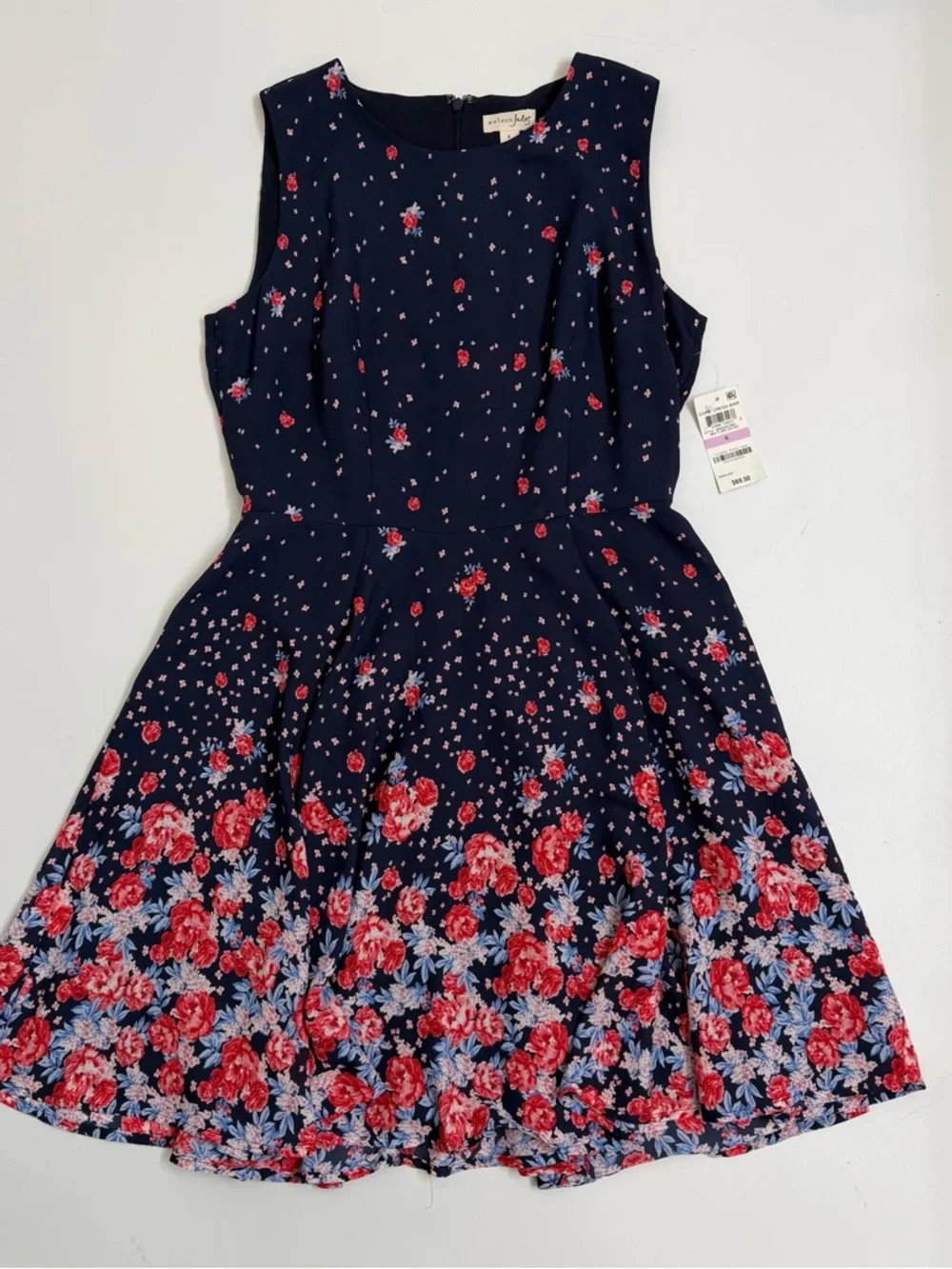 Maison Jules Floral Fit & Flair Dress Navy Rose Print Size 6 NWT